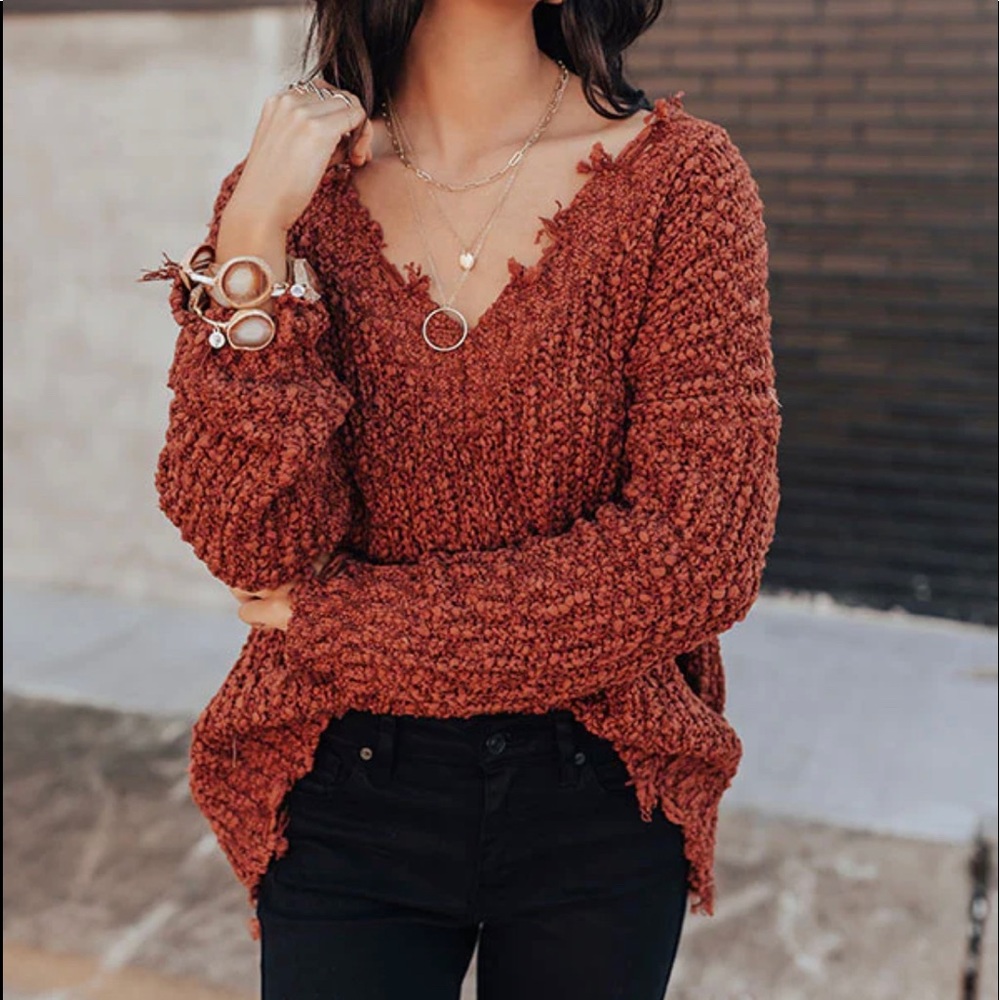 Cozy V-Neck Distressed Sweater Rust Color